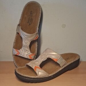 Naot Leather Slide Sandals | Silver/Beige with Orange Accents | Size 38 (US 7)
